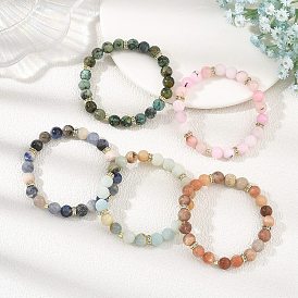 8.5MM Natural Mixed Gemstone Round Beaded Stretch Bracelets with 316 Surgical Stainless Steel Beads, Golden