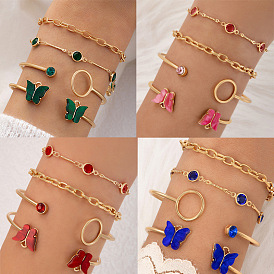Butterfly Gemstone Hollow Four-layer Bracelet and Geometric Open-ended Bangle Set (4 Pieces)