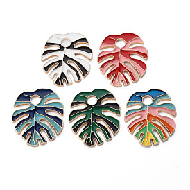 Rack Plating Alloy Enamel Pendants, Cadmium Free & Nickel Free & Lead Free, Monstera Leaf, Light Gold