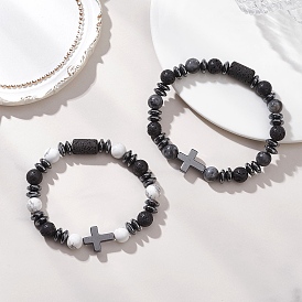 2шт. эластичные браслеты из натуральной лавы, ларвикита и говлита для пары, крестик, с немагнитных синтетическими гематита бисера