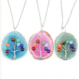 TikTok hand-wound silk tree of life colorful beads natural agate piece pendant necklace N634
