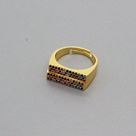 Elegante anillo de doble fila con micro pavé de circonitas: diseño minimalista de rectángulo para una declaración de moda versátil