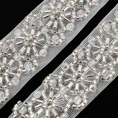 Polyester Flower Lace Trims, with ABS Imitation Pearl Beads and Glass