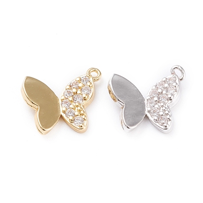 Brass Micro Pave Clear Cubic Zirconia Pendants, Long-Lasting Plated, Butterfly