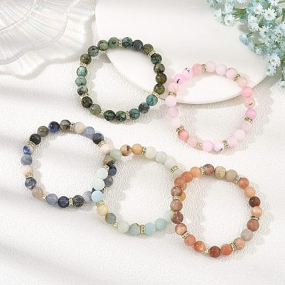 8.5MM Natural Mixed Gemstone Round Beaded Stretch Bracelets with 316 Surgical Stainless Steel Beads, Golden