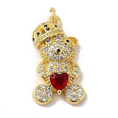 Rack Plating Brass Micro Pave Cubic Zirconia Pendants, Cadmium Free & Lead Free, Long-Lasting Plated, Real 18K Gold Plated, Bear
