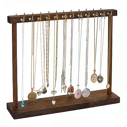 2Pcs Wood Necklace Organizer Display Stands, with Golden Tone Metal Hooks, Rectangle