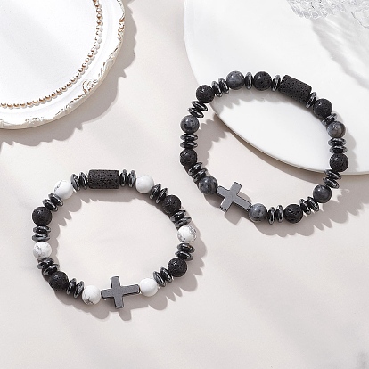 2шт. эластичные браслеты из натуральной лавы, ларвикита и говлита для пары, крестик, с немагнитных синтетическими гематита бисера