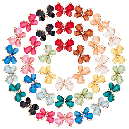 48Pcs 12 Colors Resin Pendants, with Light Gold Alloy Findings, Faceted, Butterfly