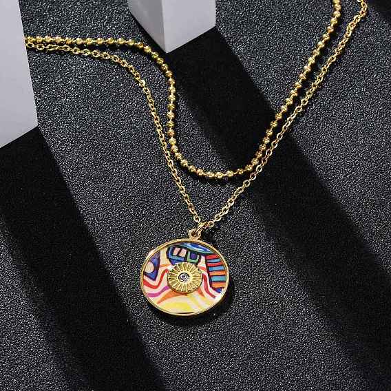 304 цветные плоские круглые двухслойные ожерелья из нержавеющей стали и пластика для женщин, со стразами, ионное покрытие (ip)