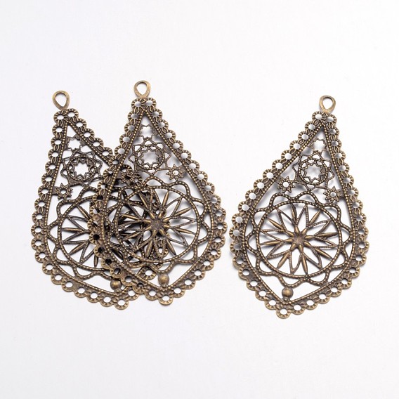 Большие подвески из железа , филигрань, капля, 66x35x1 мм, отверстие : 3 мм