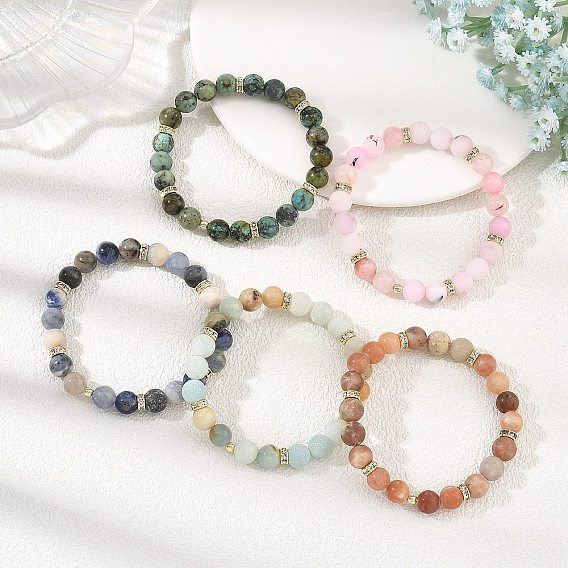 Pulseras elásticas redondas de cuentas de piedras preciosas mixtas naturales de 8.5 mm con cuentas de acero inoxidable quirúrgico., dorado