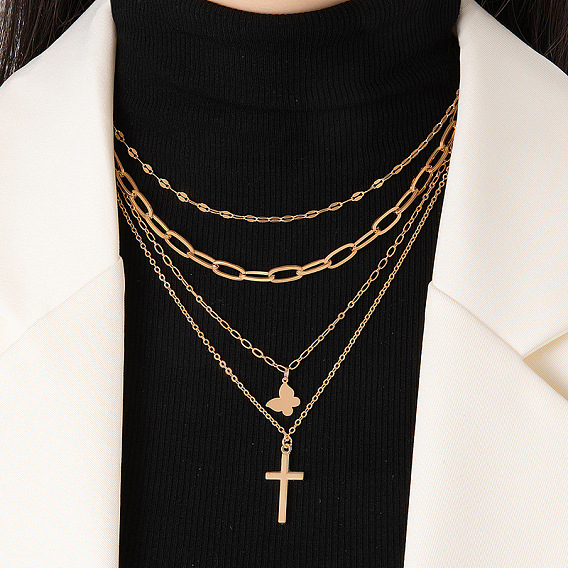 Butterfly Cross Pendant Multi-layer Necklace for Women, Simple and Fashionable Layered Neck Chain with Four Layers