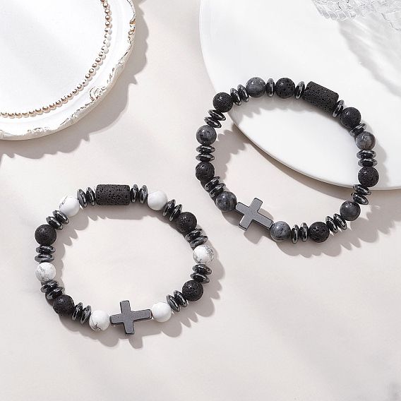 2шт. эластичные браслеты из натуральной лавы, ларвикита и говлита для пары, крестик, с немагнитных синтетическими гематита бисера