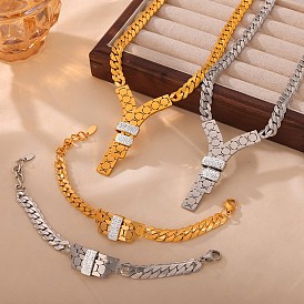 Cubic Zirconia Rectangle Link Bracelet with 304 Stainless Steel Chains