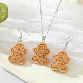 Cute Resin Gingerbread Man Earrings Necklace Set Cartoon Biscuit Ear Drops Women's Jewelry