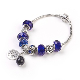Bracelets européens, avec des perles de verre et des perles naturelles d'oeil de tigre, perles d'alliage en strass et pièces métalliques, rond et plat avec un arbre