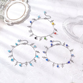 3 шт. 3 цвета ручной работы, лэмпворк с эффектом сглаза и 304 браслеты на ногу из нержавеющей стали с крестообразными звеньями и кисточками для женщин, цвет нержавеющей стали