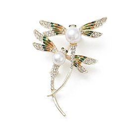 Rhinestone Dragonfly Brooch Pin with Plastic Pearl Beaded, Golden Alloy Badge for Backpack Clothes