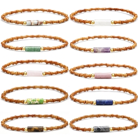 Gemstone Column Bracelets, Handmade Bamboo Olive Pit Beaded Stretch Bracelets for Women Men