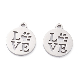 201 Stainless Steel Pendants, Laser Cut, Manual Polishing, Flat Round with Word Love