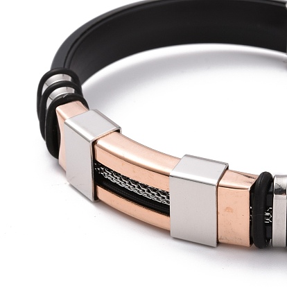 Men's Silicone Cord Bracelet, Titanium Steel Curved Tube Beads Friendship Bracelet, Black