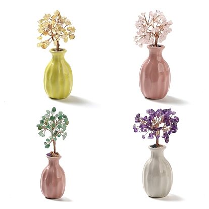 Natural Gemstone Chips Tree Decorations, Ceramic Vases Base Copper Wire Feng Shui Energy Stone Gift for Home Desktop Decoration
