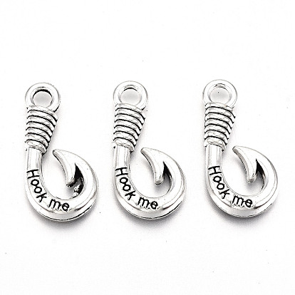 Tibetan Style Alloy Hook Clasps, Fish Hook Charms, For Leather Cord Bracelets Making, Lead Free & Cadmium Free, with Word Hook Me