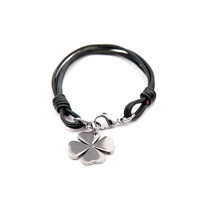 316L Stainless Steel Clover Charm Bracelet with Leather Cord for Women