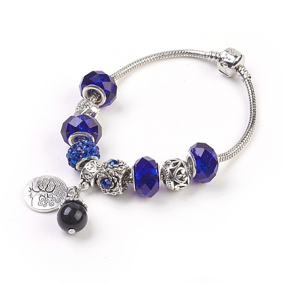 Bracelets européens, avec des perles de verre et des perles naturelles d'oeil de tigre, perles d'alliage en strass et pièces métalliques, rond et plat avec un arbre