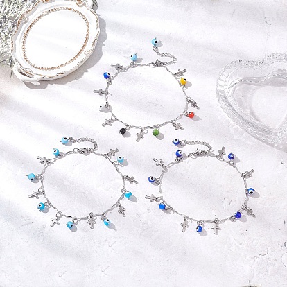 3 шт. 3 цвета ручной работы, лэмпворк с эффектом сглаза и 304 браслеты на ногу из нержавеющей стали с крестообразными звеньями и кисточками для женщин, цвет нержавеющей стали