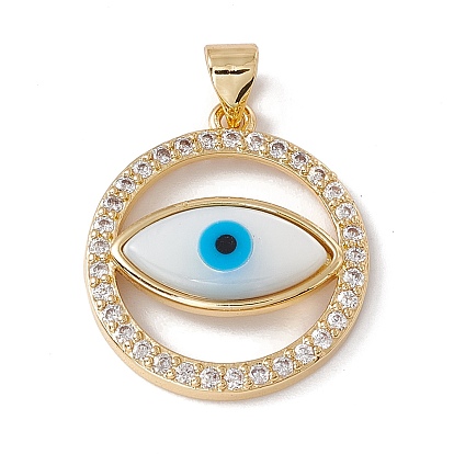 Brass Micro Pave Clear Cubic Zirconia Pendants, with Shell Cabochon, Cadmium Free & Nickel Free & Lead Free, Rack Plating, Flat Round with Evil Eye Pattern