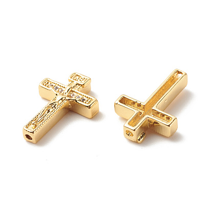 Brass Micro Pave Clear Cubic Zirconia Bead Frames, Cadmium Free & Lead Free, Cross with Jesus Pattern