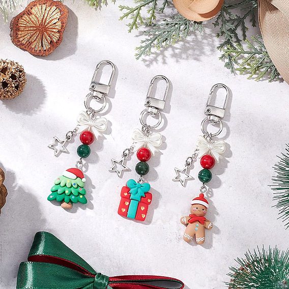 Рождественский подвесной декор из натурального окрашенного машана нефрита, фуксита и смолы, с застежками в виде звезды и поворотного механизма из сплава и искусственным жемчугом из АБС-пластика с бантом