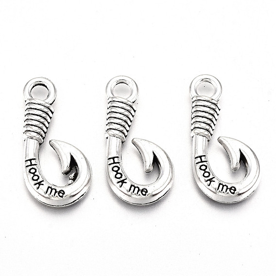Tibetan Style Alloy Hook Clasps, Fish Hook Charms, For Leather Cord Bracelets Making, Lead Free & Cadmium Free, with Word Hook Me