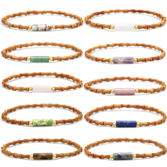 Браслеты с колоннами из драгоценных камней, Эластичные браслеты ручной работы из бамбука с оливковой косточкой и бисером для женщин и мужчин