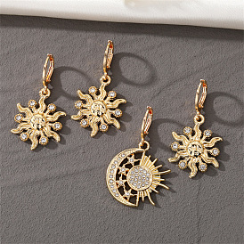 Vintage Sunflower Earrings with French Diamond Moon and Star Design