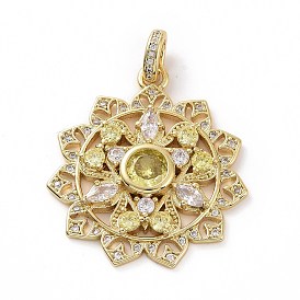 Brass Micro Pave Cubic Zirconia Pendants, Flower Charms, Clear & Light Yellow