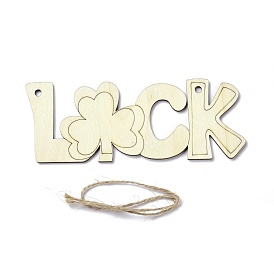 DIY Word Luck Unfinished Wooden Ornaments Blank Wooden Embellishments, with Hemp Rope, for Saint Patrick's Day Party Decorations