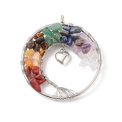 Natural Mixed Stone Chip Big Pendants, with Heart Alloy Charms, 304 Stainless Steel & Brass Findings, Round Tree