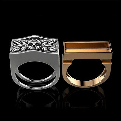 2Pcs 2 Style Rectangle with Skull Couples Matching Finger Rings, Alloy Gothic Trendy Promise Jewelry for Best Friend Lovers