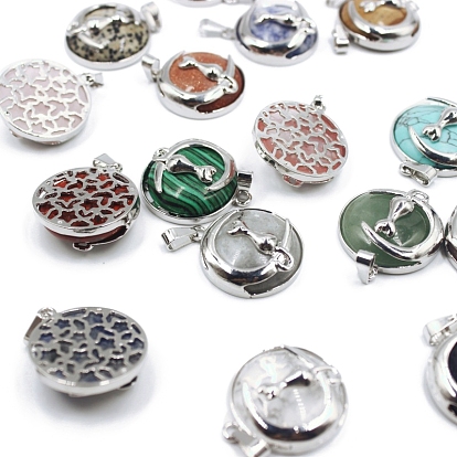Gemstone Pendants, Moon Charms, with Platinum Plated Alloy Cat Shape Findings