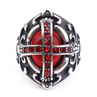 Garnet Rhinestone Cross Finger Ring, Stainless Steel Chunky Thick Ring for Easter