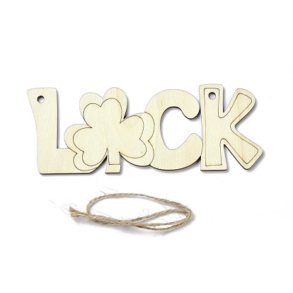 DIY Word Luck Unfinished Wooden Ornaments Blank Wooden Embellishments, with Hemp Rope, for Saint Patrick's Day Party Decorations