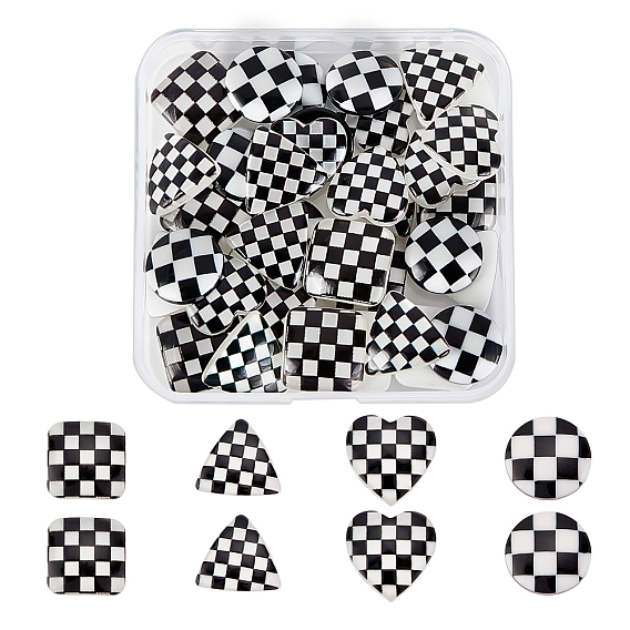 40Pcs 4 Style Opaque Resin Cabochons, Mixed Shapes with Grid Pattern