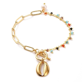 Shell Shape Charm Bracelets, with Brass Paperclip Chains, Glass Beads, Natural Pearl Beads, 304 Stainless Steel Toggle Clasps and Charms, Colorful
