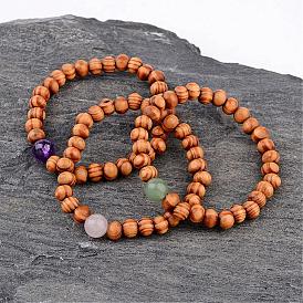 Bois rond bracelets en perles extensibles, avec des perles rondes de pierre naturelle, 46mm
