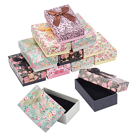 Caja de empaquetado de la joyería de la cartulina del estampado de flores, 2 espacio, Para el anillo, con lazo de cinta y esponja negra, Rectángulo