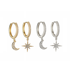 Асимметричные серьги со звездами и луной из прозрачного кубического циркония, латунные серьги-кольца с подвесками для женщин
