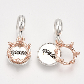 Alloy European Dangle Charms,  Large Hole Pendants, Crown and Flat Round with Word Queen